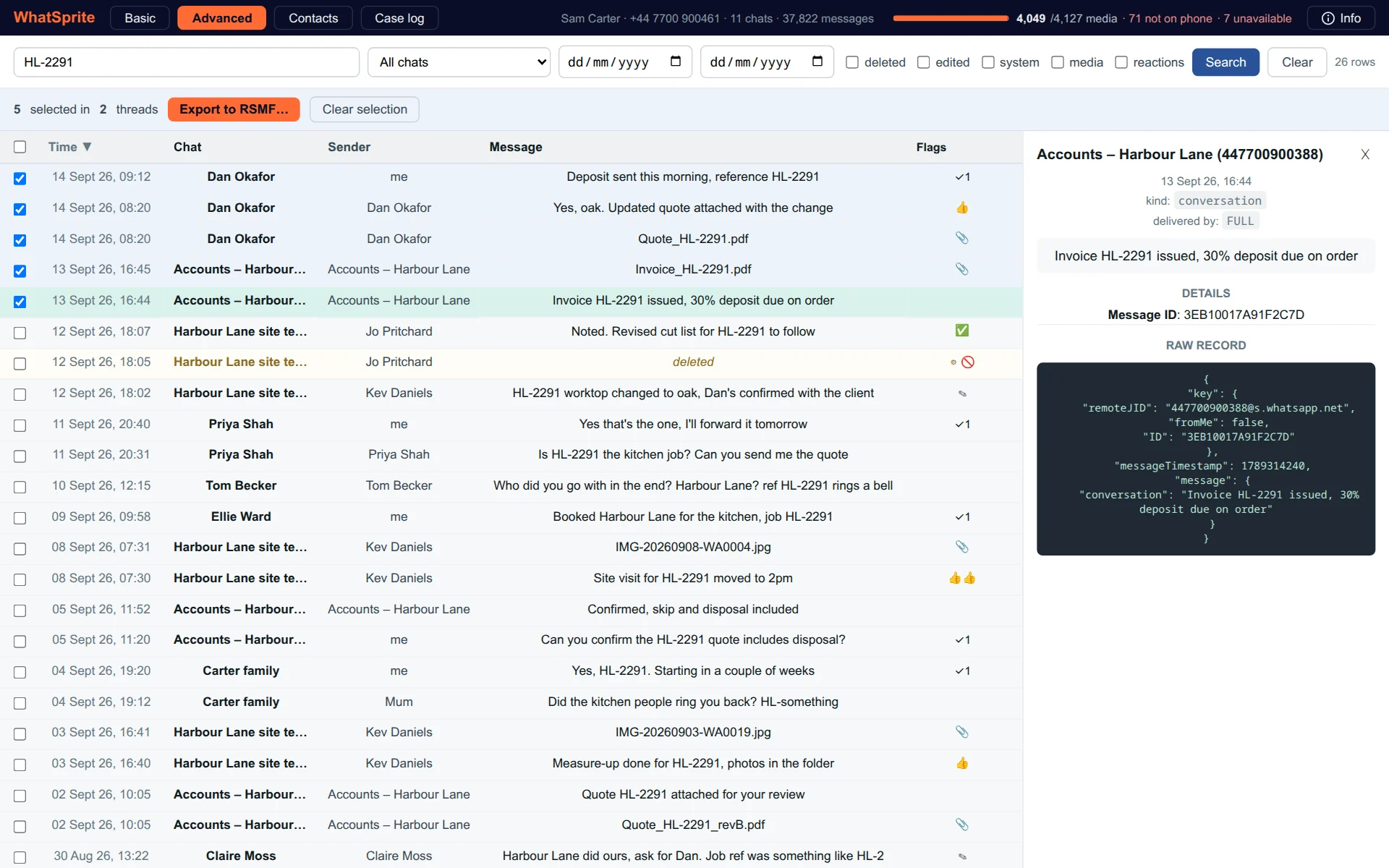 The Advanced view: choosing chats and dates to review and export