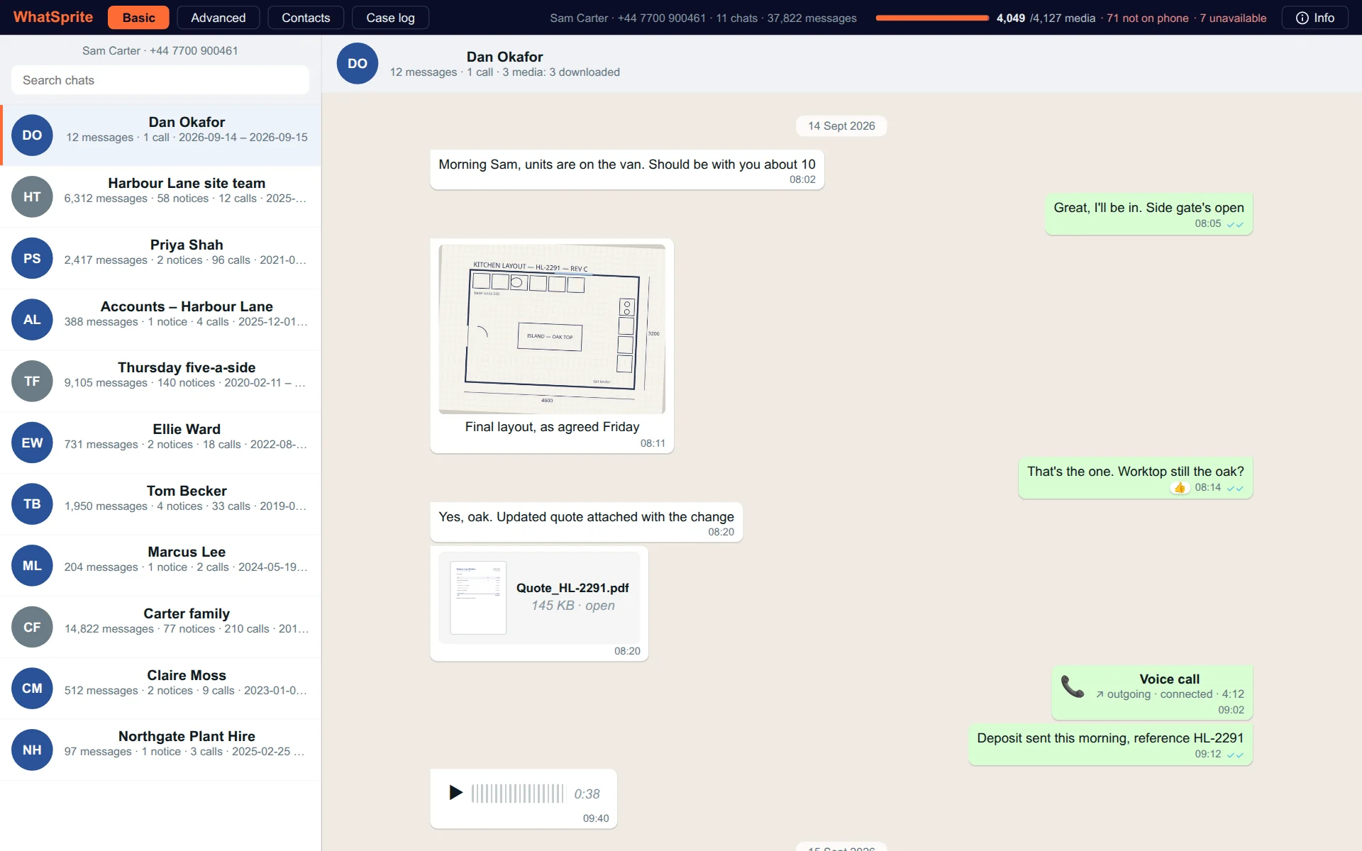 WhatSprite's main screen: an acquired case's chats, with a conversation open